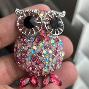 Sparkling Owl Brooch with Pink and Silver Accents